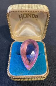 Large Pink Pear-Shaped Stone Sterling Silver Cocktail Ring w/ Bezel Setting, Includes Vintage Box ( Unable to Verify )