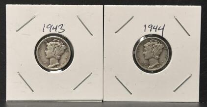 1943-D & 1944-S Mercury Dimes, 90% Silver, Circulated, Denver and San Francisco Mints