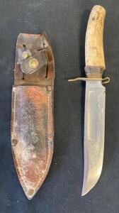 OTTER-Messer ROTWILD Fixed-Blade Hunting Knife, Stag Handle, Leather Sheath, Solingen Germany