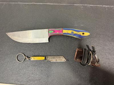 Custom Damascus Fixed Blade Knife Set - Multicolored Handle, Leather Sheath, Mini Knife Keychain