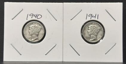 1940-D and 1941 Mercury Dimes, 90% Silver, Circulated, Adolph A. Weinman Design