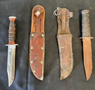 WWII Era USMC/KABAR Style Fighting Knives with Leather Sheaths, 7" Blade, Stacked Leather Handle