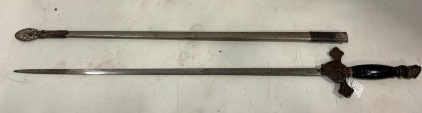 Ceremonial Fraternal Sword 39" with Scabbard, Decorative Etched Steel Blade, Ornate Hilt