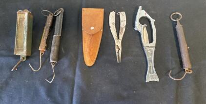 Vintage Fishing Tools Lot: Hanson Scale, Pliers w/ Sheath, Fish Scaler, 1950s-70s USA