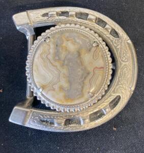 Vintage 1970s Western Horseshoe Belt Buckle with Agate Stone and Floral Engraving