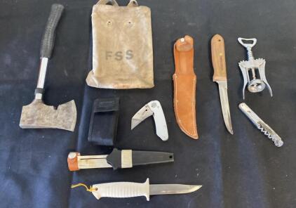 Mixed Outdoor Tools Lot: SUPERKNIFE, CHESTERTON Knife, Hatchet, Corkscrews, FSS Canvas Bag