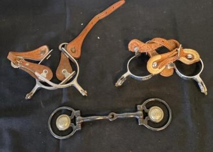 Western Spurs (2 Pairs, Tooled & Silver Inlay, Leather Straps) & O-Ring Snaffle Bit with Conchos