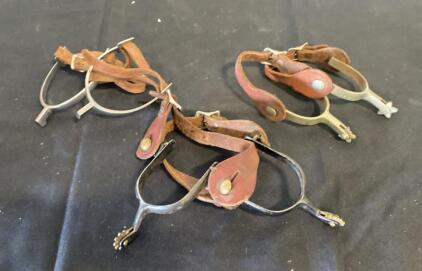 3 Pairs Equestrian Spurs: Western Rowel & English Prince of Wales Styles with Leather Straps