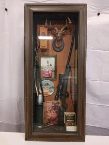 Hunting Shadow Box Display, Rifle Model, Deer Mount, 27.5"x11.5" Wood Frame, Shooting Memorabilia