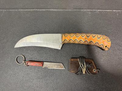 Custom Damascus Fixed Blade Knife with Layered Micarta Handle & Miniature Keychain Knife Set