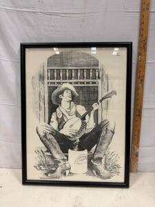 "Bunkhouse Saturday Night" Framed Black-and-White Print, Cowboy Playing Banjo, 23" x 18"