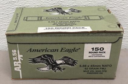 American Eagle 5.56x45mm NATO 62gr FMJ, 150rd Box, XM855BK150, Centerfire Rifle Ammo, US-Made