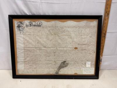 1655 English Land Settlement Contract, Mr. Warcopps, Vellum, Framed w/ Partial Wax Seal
