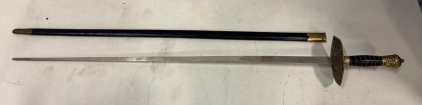 Ornate Masonic Ceremonial Sword, 32" Etched Blade, Brass Guard & Scabbard, Early 20th Century