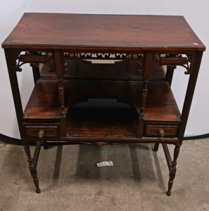 Antique Victorian Side Table with Two Drawers, Decorative Fretwork, and Turned Legs