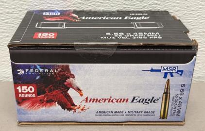 Federal American Eagle 5.56x45mm NATO 55 Grain FMJ, 150 Rounds, Brass Case, Sealed Box, USA