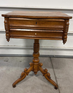 Antique Oak Sewing Table with Turned Pedestal, 2 Drawers, Compartment Dividers, c. 1880&ndash;1920