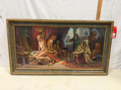 Orientalist Oil Painting by Artist "Vest" &ndash; Harem Scene, Signed, Framed