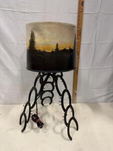 Rustic Horseshoe Base Table Lamp with Nature Scene Shade, 27" Tall