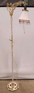 Antique Bridge Floor Lamp with Ornate Metalwork and Fabric Shade