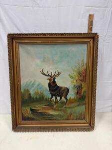 Vintage Framed Oil Painting of Stag in Landscape Scene, Approx. 31" x 28"
