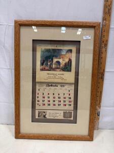 1951 Triangle Dairy Boise Framed Advertising Calendar Art, Spanish Courtyard, 19"x15" Wood Frame