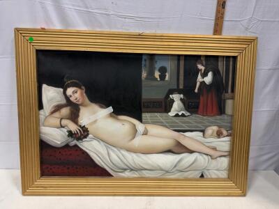 Framed Oil Reproduction "Venus of Urbino" after Titian, 38"x27" Gold Frame, Label #7742