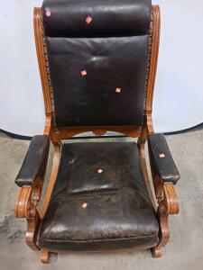 Antique Victorian-Style Wooden Rocking Chair, Black Leather, Ornate Carved Arms & High Back