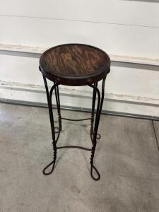 Vintage Wrought Iron Plant Stand with Rustic Wood Top, Twisted Legs, 30" Tall, Round Pedestal