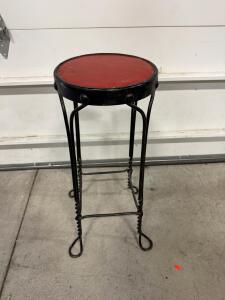 Vintage Metal Plant Stand, Black Twisted Iron Legs, Red Round Top, 28 in Height