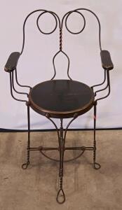 Vintage Twisted Wrought Iron Ice Cream Parlor Chair with Armrests, Black Wood Seat