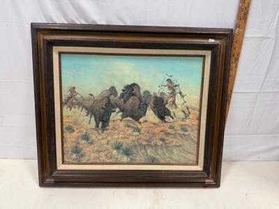 Joe Grandee Original Oil Painting &ndash; Native American Buffalo Hunt Scene, Signed
