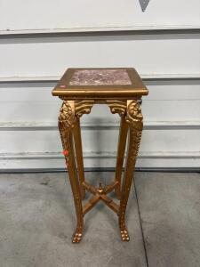 Gold Ornate Accent Table with Pink Marble Top, Carved Legs, 28&rdquo; Tall Square Plant Stand