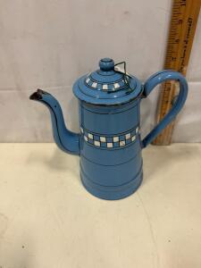 Blue Checkered Enamelware Coffee Pot, 9" Tall, Gooseneck Spout, Vintage 1920s-40s European Style