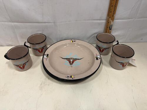 Mexican Enamelware Tableware Set - 4 Plates & 4 Mugs, Western Bull Skull Design