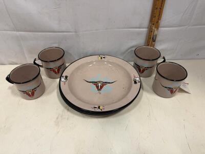 Mexican Enamelware Tableware Set - 4 Plates & 4 Mugs, Western Bull Skull Design