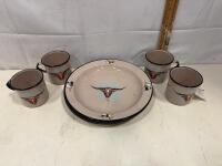 Mexican Enamelware Tableware Set - 4 Plates & 4 Mugs, Western Bull Skull Design