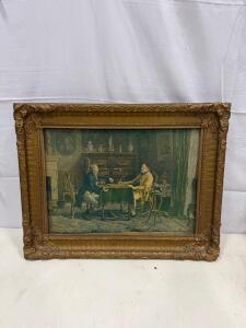 John Drescher Co. N.Y. 1920s Color Lithograph Print of Two Men Playing Chess in Ornate Gilded Frame
