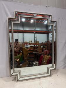Art Deco Style Silver Beaded Rectangular Wall Mirror, Geometric Stepped Corners, Approx. 40"x30"