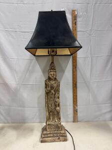 Vintage Asian Bodhisattva Table Lamp &ndash; 28" Statue Base, Black Pagoda Shade, Rotary Switch