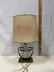 Vintage Mid-Century Table Lamp &ndash; Glass Crystal Base, Geometric Black Metal, 17&rdquo; Tall, Fabric Shade