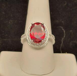 Red Ruby Oval Cut Faceted .925 Ring, Size 9
