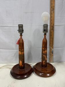 Pair of WWII-Era Trench Art Copper Artillery Shell Table Lamps with Dragon Motif