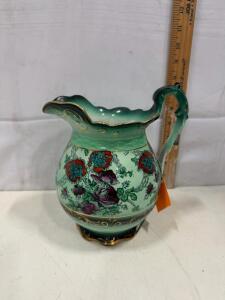 Laughlin Art China Antique 8.5" Ornamental Pitcher, Victorian Floral Design, Gold Accents USA