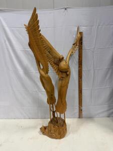 Hand-Carved Wooden Crane Sculpture, 40" Tall, Detailed Feather Carving, Natural Wood Finish
