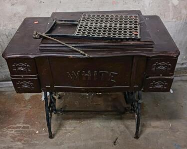 Antique White Treadle Sewing Machine Cabinet, Cast Iron Base, 4 Drawers, c.1890-1920