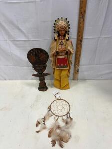 Native American Chief Wooden Figurine, 16" Tall, Hand-Painted, Detailed Carving & More