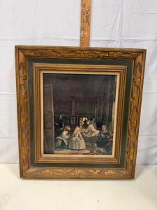 Framed "Las Meninas" Reproduction Print, 26"x26" Wood Frame with Carved Details