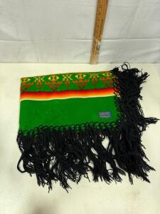 Pendleton Woolen Shawl, Green with Multicolored Geometric Pattern, Black Fringe, 32" x 44"