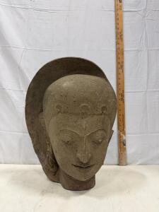 Southeast Asian Stone Buddha Head Sculpture, 15" Tall, Sandstone, Halo, Antique Style